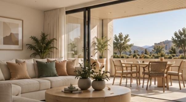 Bright living room opening onto a private terrace with a dining table